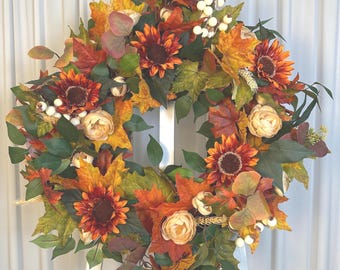 Fall Floral Wreath, Artificial Sunflowers & Leaves, Autumn Decor