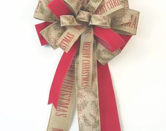 Large Handmade Rustic Christmas Bow with Merry Christmas Ribbon, Red Velvet & Burlap Evergreen Berry Design
