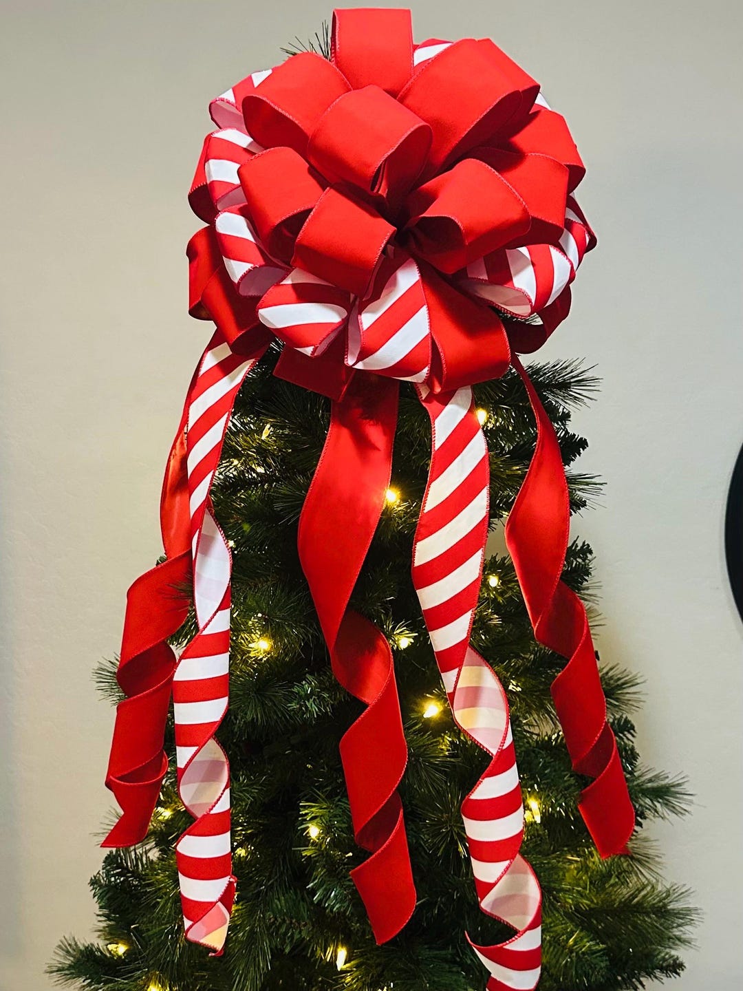 Large Christmas Tree Topper Bow, Red and White Candy Cane Stripes - Etsy