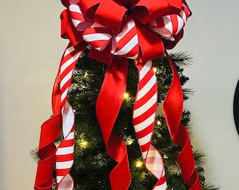 Large Christmas Tree Topper Bow, Red and White Candy Cane Stripes
