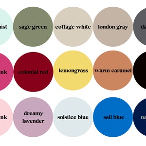 May include: A color palette chart with 15 different color swatches. The colors are named: ocean mist, sage green, cottage white, london gray, dark gray, berry pink, colonial red, lemongrass, warm caramel, black, candy pink, dreamy lavender, solstice blue, sail blue, and navy blue.