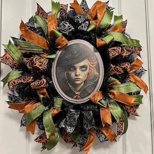 Halloween wreath, Witch, scary Halloween, orange and green, READY TO SHIP