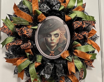Witch Halloween Wreath, Orange Green Ribbon, Scary Decor