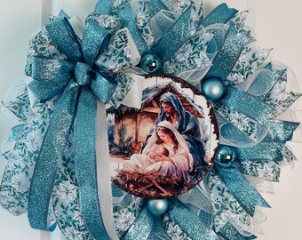 Christmas Wreath, nativity scene, farmhouse Christmas, blue and white Christmas, snowy Christmas, handmade wreath, READY TO SHIP