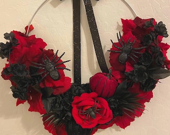 Halloween wreath, ring wreath, red and black, pumpkin, flowers, spiders