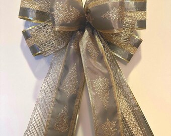 Gold Christmas tree Bow READY TO SHIP, Extra Large Bow made wired ribbon, Christmas decor, Christmas gift