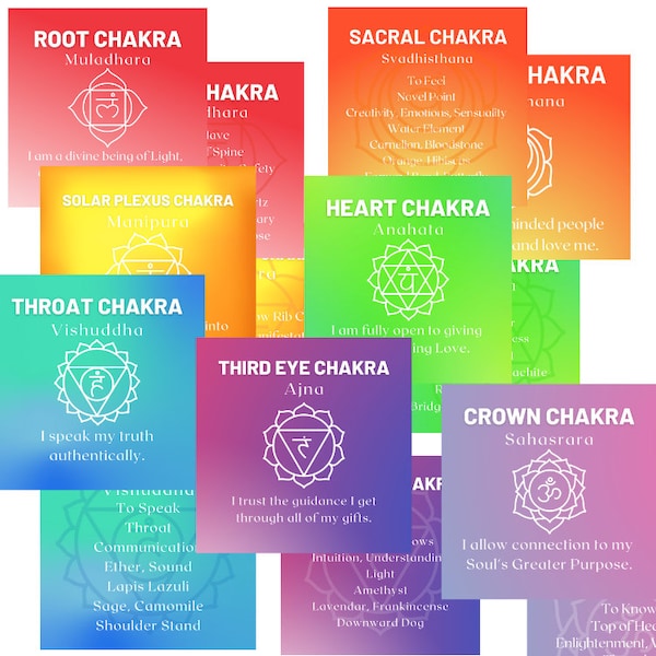 PDF CHAKRA CARDS, Digital Download, 2.5 X 2.5 inch printable cards, Root, Sacral, Solar Plexus, Heart, Throat, Third Eye, Crown, Instant