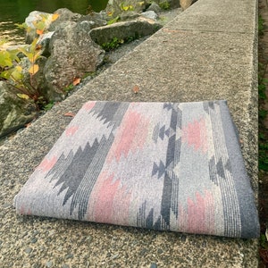 Bohemian Blanket - Aztec Throw - Southwestern design - Soft Grey, White & Pink - 60" x 60" wool blend beach blanket - GRANITE FALLS Edition