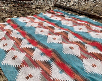 Large Aztec blanket - 70" x 60 - Wool blend - Red, White, Blue - Southwestern - Boho - Western blanket - HOLLYBURN edition