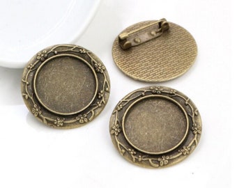 Broche cabochon en bronze antique, montures vierges pour cabochon 20 mm - Plaques pour broches en relief branche florale - 2 pcs