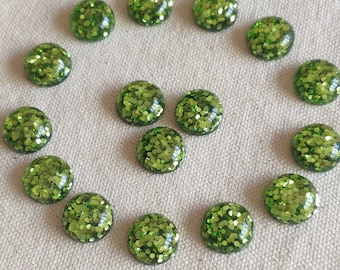 Green Confetti Cabochons - 12mm Green Glitter  Resin Cabochons - 10 pcs