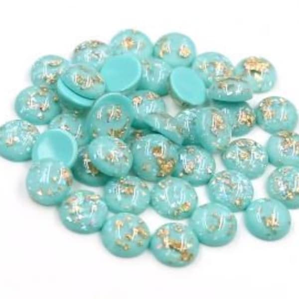 12mm Mint Green Gold Foiled Cabochons - 12mm Light Apple Blue Opal Cabochons - 10 pcs