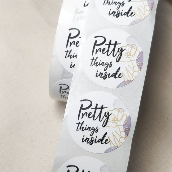 Pretty Things Inside Stickers Labels - Round Stickers with Gold Foiled Flower - 25mm  Packaging Labels for Small Business