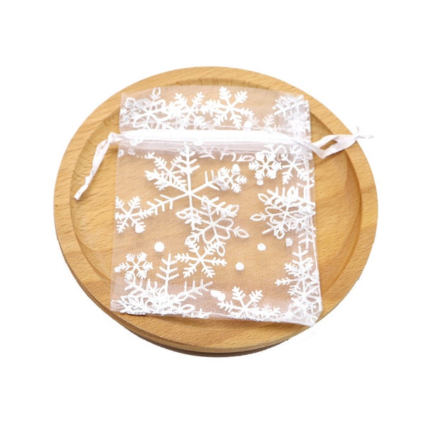 Petits sacs en organza flocon de neige, Sacs cadeaux de Noël flocon de neige argentés, Sacs festifs, 9 x 7 cm, Pochettes de Noël, Sacs festifs