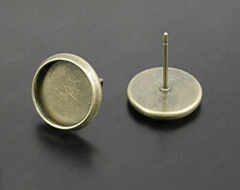 10 (5 Paar) Bronze Ohrringe mit bronzenen Rücken - 12 mm Bronze Blankohrringe Tablett - 12 mm Ohrring Cabochon-Einstellungen