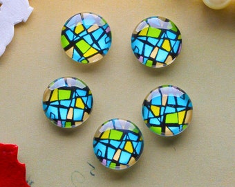 12mm Blue Green Geometric Glass Cabochons -  12mm  Photo Cabochons