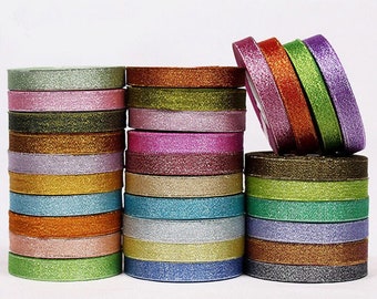 Metallic Ribbon Rolls, 25 Yard Roll, Sparkle Glitter 10mm Ribbon, 12 Colours of Silver, Gold, Pink, Green, Blue, Christmas Ribbons