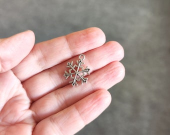 May include: A small, silver-colored snowflake charm with intricate details. The charm has six points, each with delicate patterns, and a small loop at the top for attaching to a necklace or bracelet. The charm is held in a hand against a gray background.