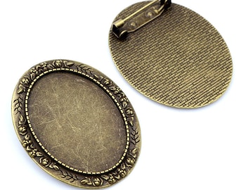 Antique Bronze Floral Cabochon Brooch Blank Setting  30x40mm