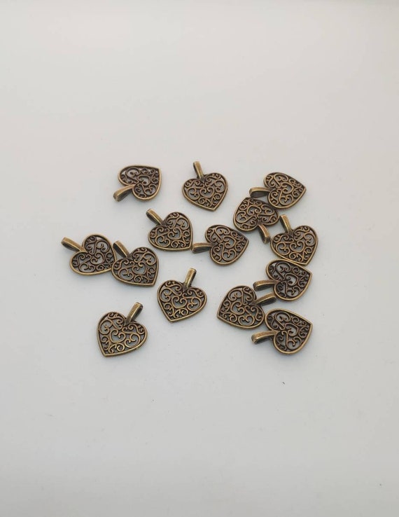 Rattan Heart Charms (4pcs / 31mm x 31mm / Antique Bronze) Valentines Day Wedding Hollow Filigree Heart Earrings Necklace Pendant CHM2251