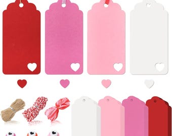 Könnte beinhalten: Set mit 10 leeren herzförmigen Geschenkanhängern in Rot, Rosa und Weiß. Die Anhänger haben oben ein Loch für Schnur oder Band. Das Set enthält außerdem Schnur, Bäckergarn und einen herzförmigen Locher.