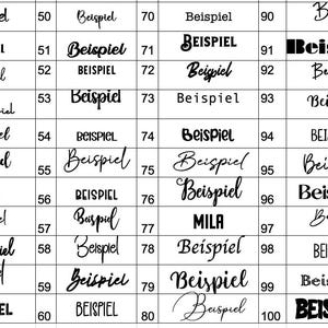 Puede incluir: Una cuadr&iacute;cula que muestra varios estilos de fuente en negro numerados del 10 al 120. Cada celda contiene la palabra Beispiel o Mila escrita en una tipograf&iacute;a &uacute;nica, desde letras de bloque en negrita hasta cursivas elegantes sobre fondo blanco.