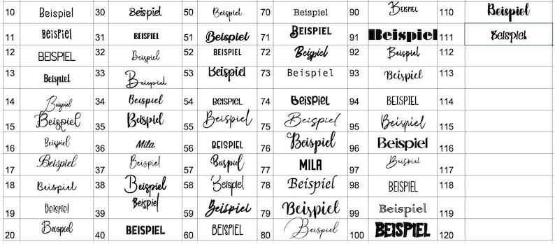 Puede incluir: Una cuadr&iacute;cula que muestra varios estilos de fuente en negro numerados del 10 al 120. Cada celda contiene la palabra Beispiel o Mila escrita en una tipograf&iacute;a &uacute;nica, desde letras de bloque en negrita hasta cursivas elegantes sobre fondo blanco.