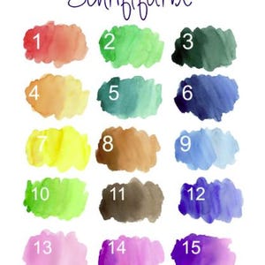 May include: A color chart with the German word "Schriftfarbe" at the top. Fifteen watercolor swatches are arranged in rows and columns, each with a number from 1 to 15. The colors include red, green, blue, yellow, and purple.