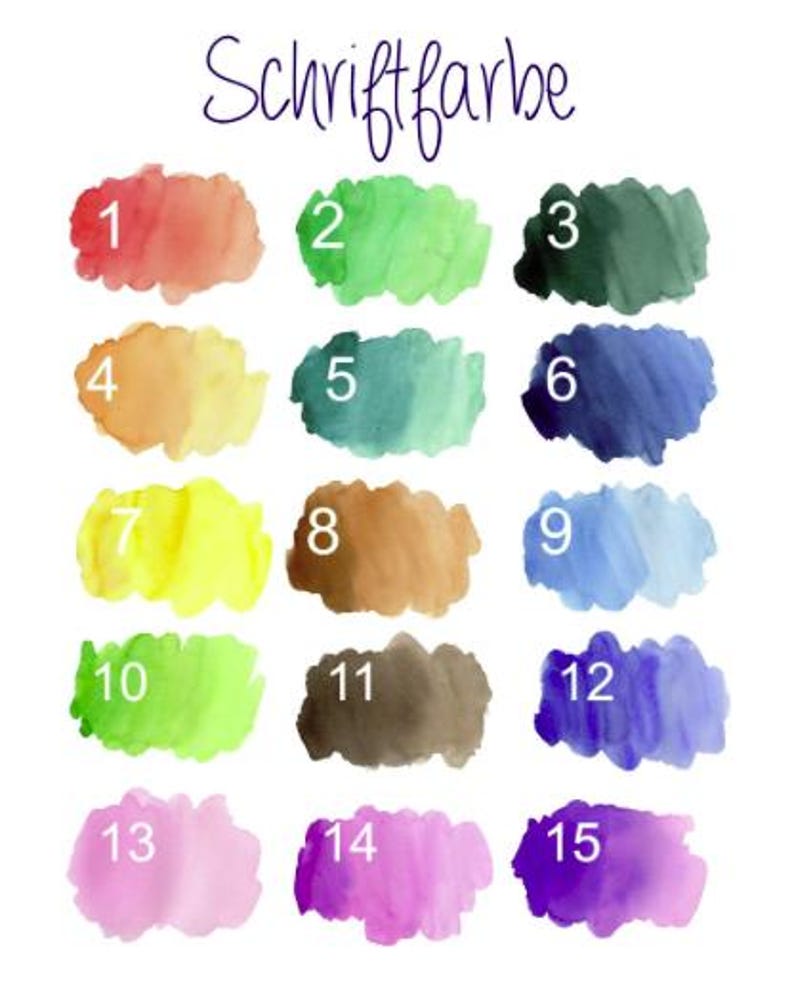 May include: A color chart with the German word "Schriftfarbe" at the top. Fifteen watercolor swatches are arranged in rows and columns, each with a number from 1 to 15. The colors include red, green, blue, yellow, and purple.