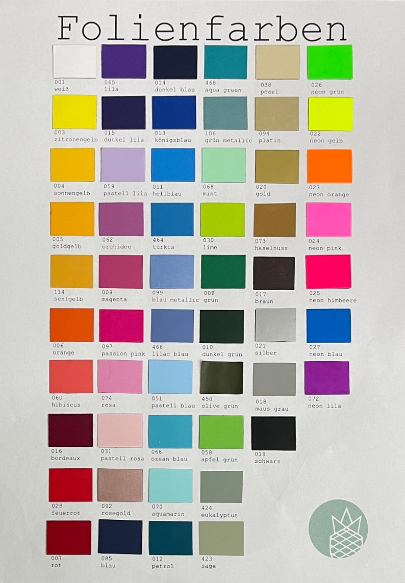 Puede incluir: Una carta de colores titulada Folienfarben que muestra una cuadr&iacute;cula de numerosas muestras rectangulares de vinilo adhesivo en varios tonos, incluyendo blanco, amarillo, naranja, rosa, rojo, morado, azul, verde, marr&oacute;n, gris y negro, cada una con n&uacute;mero y nombre.