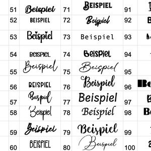 May include: A grid of various fonts displaying the German word "Beispiel" in black. The fonts range from simple sans-serif to elaborate script styles. Each font is numbered for reference.