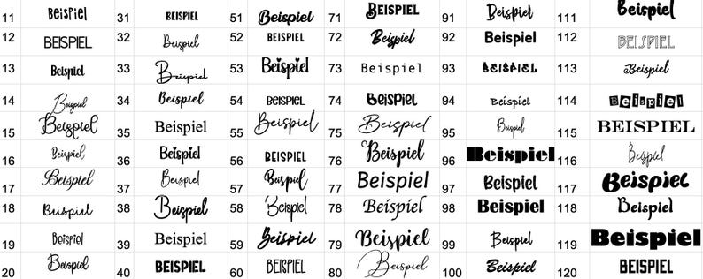 May include: A grid of various fonts displaying the German word "Beispiel" in black. The fonts range from simple sans-serif to elaborate script styles. Each font is numbered for reference.