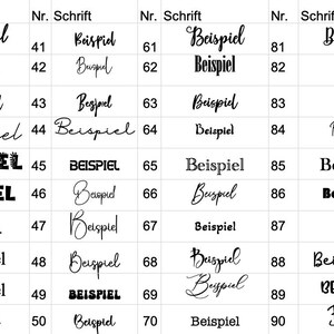 May include: A chart displaying various font styles, each labeled with a number and the word "Beispiel". The fonts range from bold to script, with some in all caps and others with unique designs. The chart is organized in rows and columns.