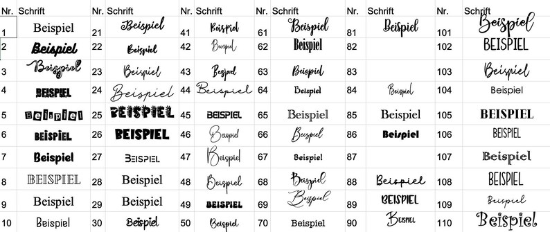 May include: A chart displaying various font styles, each labeled with a number and the word "Beispiel". The fonts range from bold to script, with some in all caps and others with unique designs. The chart is organized in rows and columns.