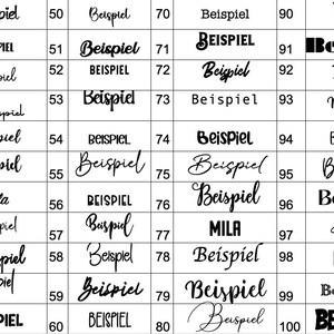 Puede incluir: Una tabla de cuadr&iacute;cula que muestra una variedad de estilos de fuentes tipogr&aacute;ficas negras sobre un fondo blanco. Cada entrada est&aacute; numerada del 10 al 120, mostrando la palabra Beispiel o Mila en diferentes escrituras, desde bloques.