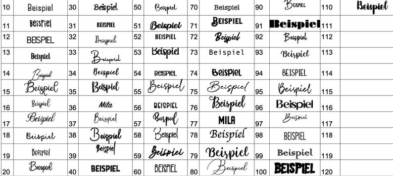 Puede incluir: Una tabla de cuadr&iacute;cula que muestra una variedad de estilos de fuentes tipogr&aacute;ficas negras sobre un fondo blanco. Cada entrada est&aacute; numerada del 10 al 120, mostrando la palabra Beispiel o Mila en diferentes escrituras, desde bloques.