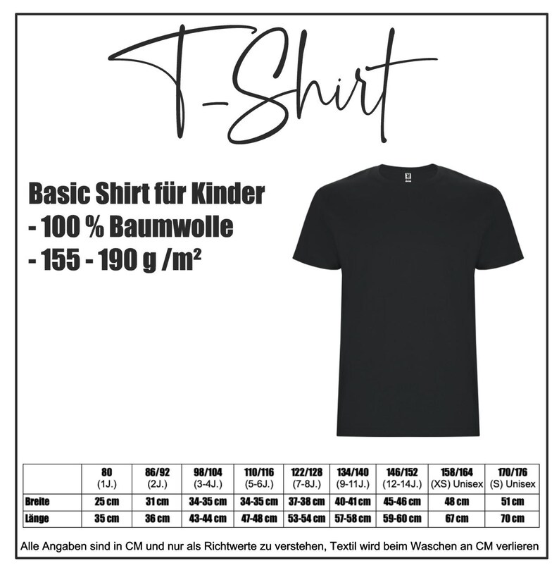 Puede incluir: Una camiseta negra de manga corta junto a una tabla de tallas. El texto incluye T-Shirt, Basic Shirt f&uuml;r Kinder, 100% Baumwolle, 155-190 g/m2 y una tabla que enumera anchos y largos en cm para tallas que van desde la 80 hasta la 170/176.