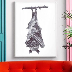 Black and white bat art, Hanging Fruit Bat Art Print – Gothic Monochrome Halloween, Decor, detailed pen and ink sketch of an upside down bat