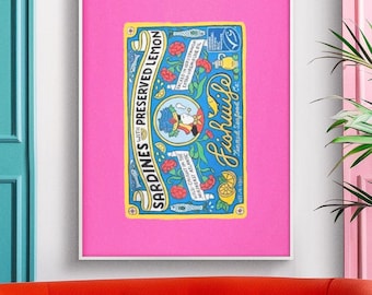 Retro Sardine Tin Art Print, Pink Kitchen Wall Decor