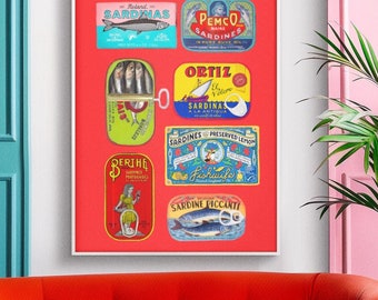 Retro Sardine Tins Art Print, Vibrant Kitchen Wall Decor