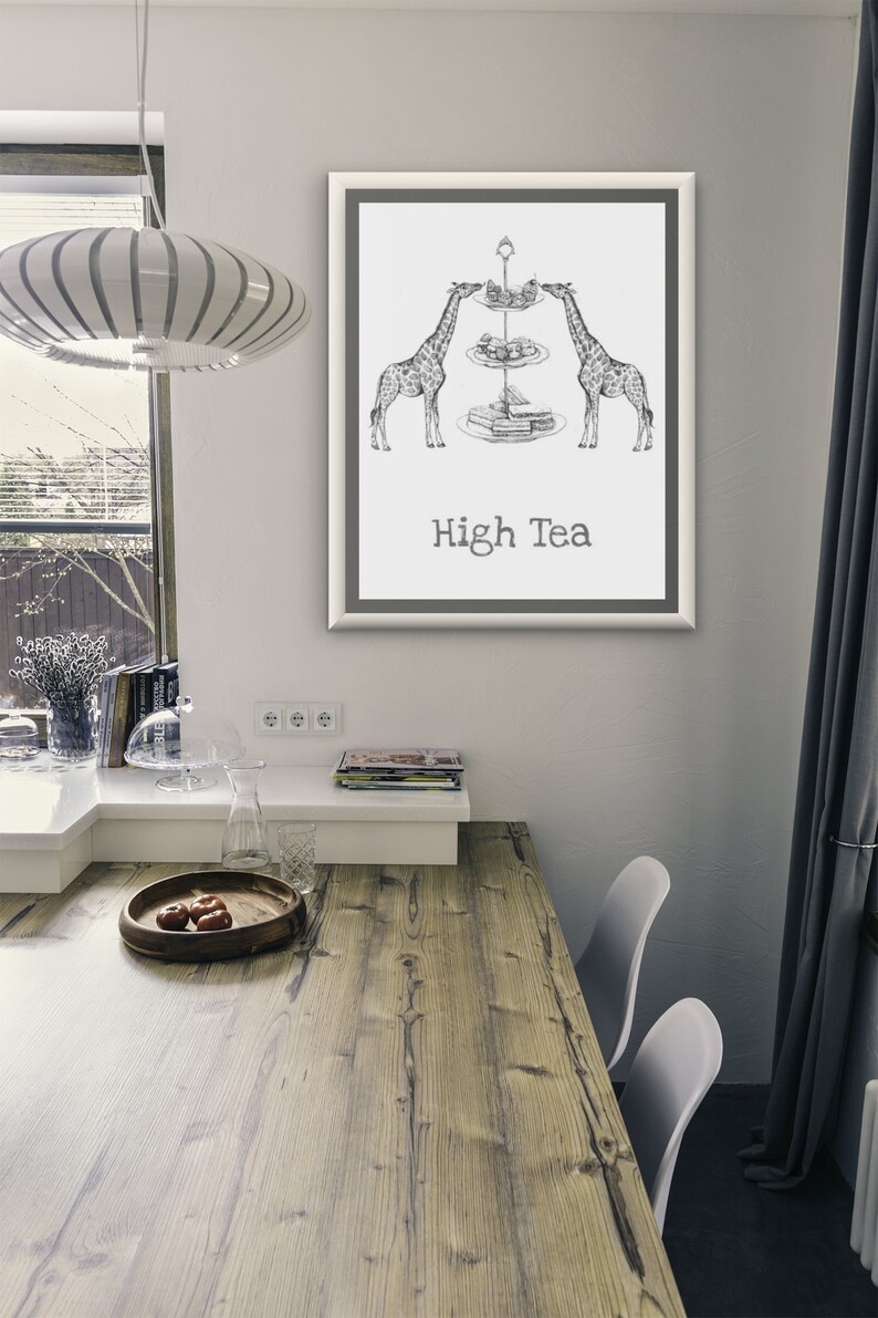 Giraffe Poster Whimsical Art Print of Giraffe Eating High Tea Giraffe Print
