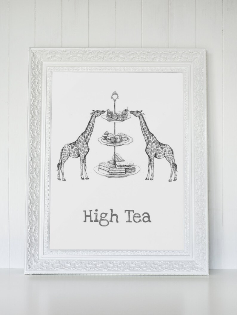 Giraffe Poster Whimsical Art Print of Giraffe Eating High Tea Giraffe Print