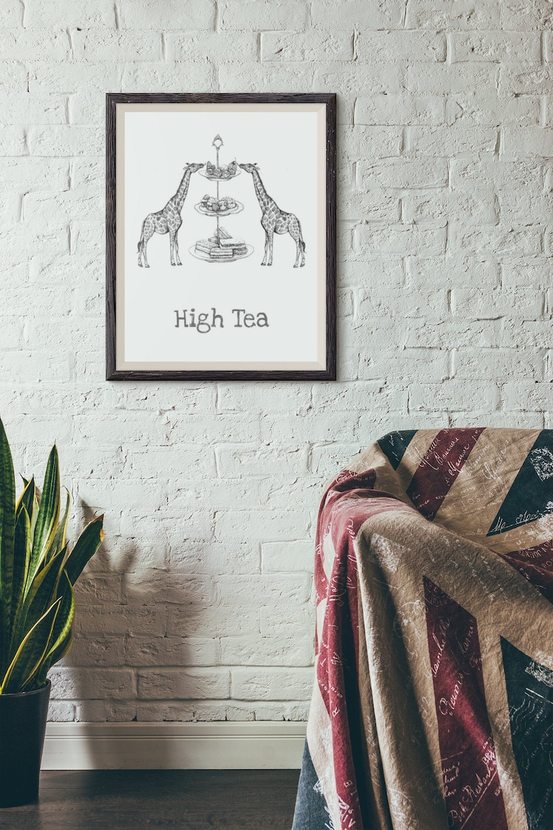 Giraffe Poster Whimsical Art Print of Giraffe Eating High Tea Giraffe Print