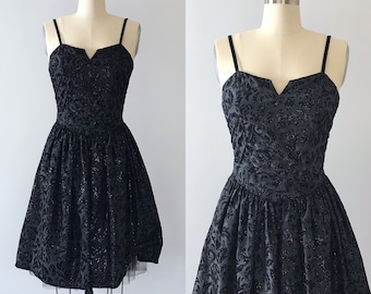 Vintage 1980s Black Party Dress Flocked Fabric and Glitter Small Fit