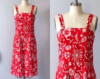 SALE Hawaiian Dress Red Cotton Vintage Classic 1970’s Fit Small