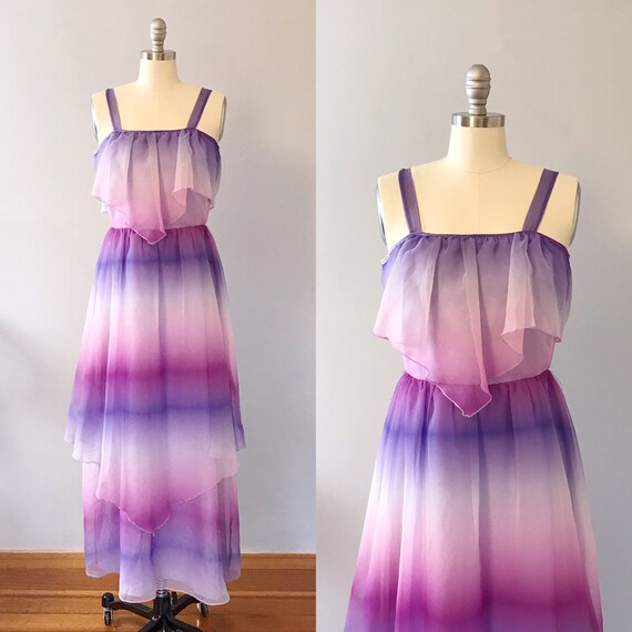 Vintage 70’s Chiffon Dress Ombré Purple Pink Maxi