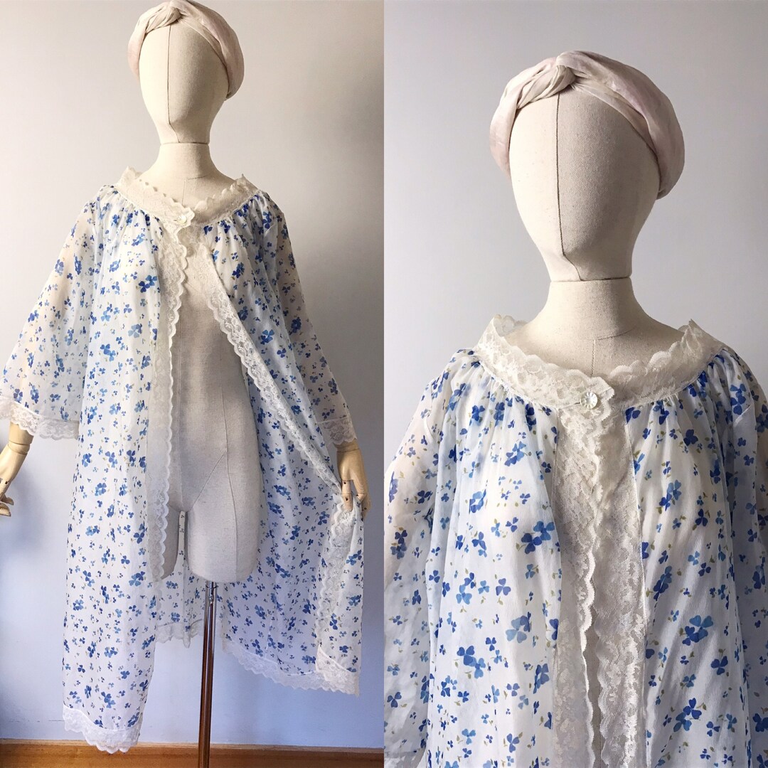 Vintage Summer Robe 1960s Blue Floral Dressing Gown Lace Trim Etsy