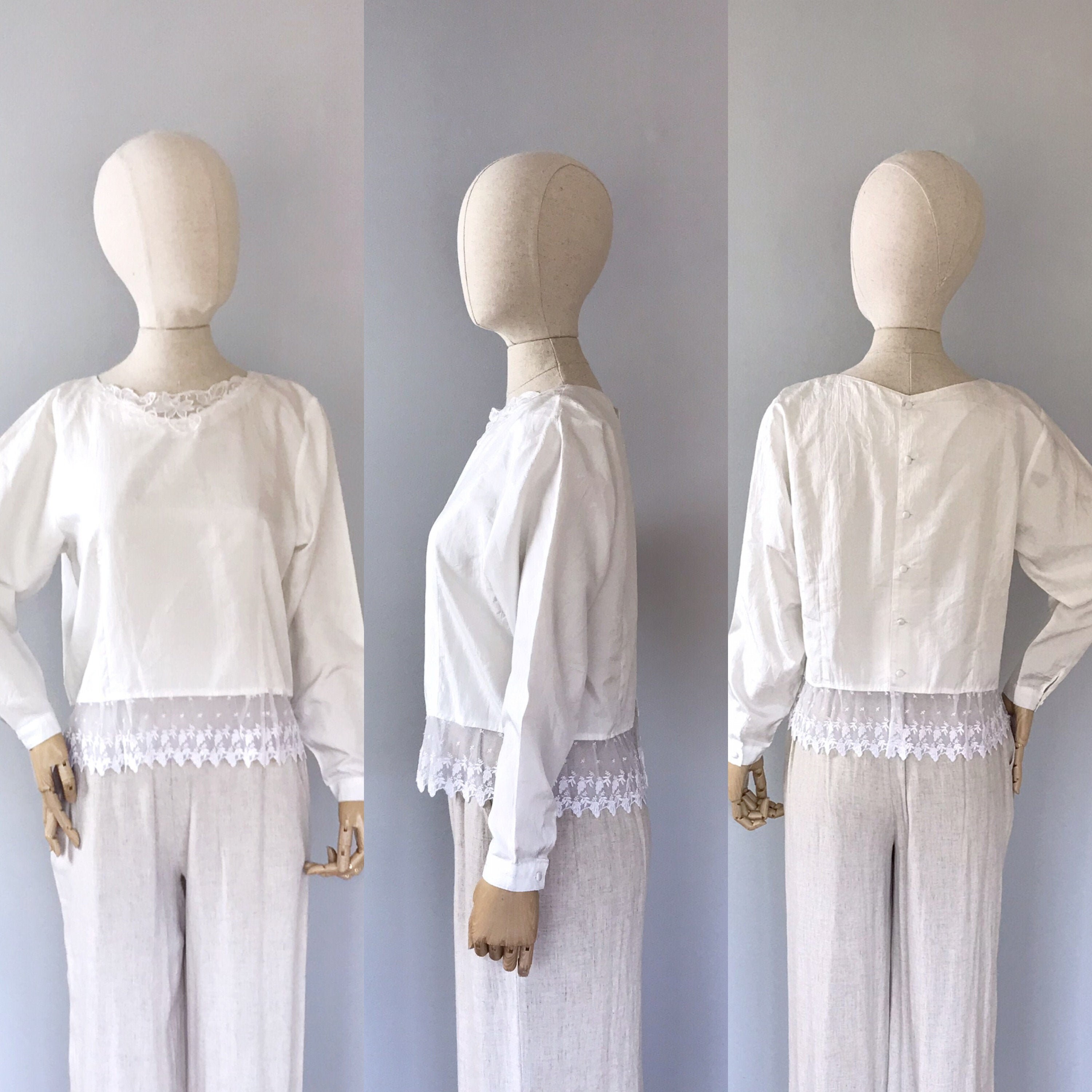 Vintage 1980s White Blouse Lace Trim 