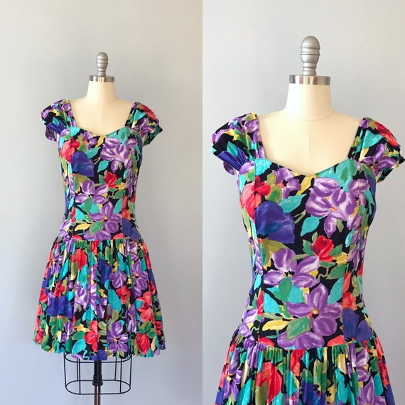 Vintage 1980s Party Sun Dress Vibrant Floral Print