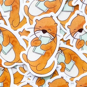 Sticker Otter & Book Reading Vinyl Sticker | 1.27&quot; x 2&quot; | DISHWASHER SAFE | Weather Proof | Laptop + Kindle